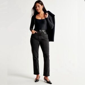 Abercrombie & Fitch Ultra High Rise Mixed Material Ankle Straight Leather Jeans